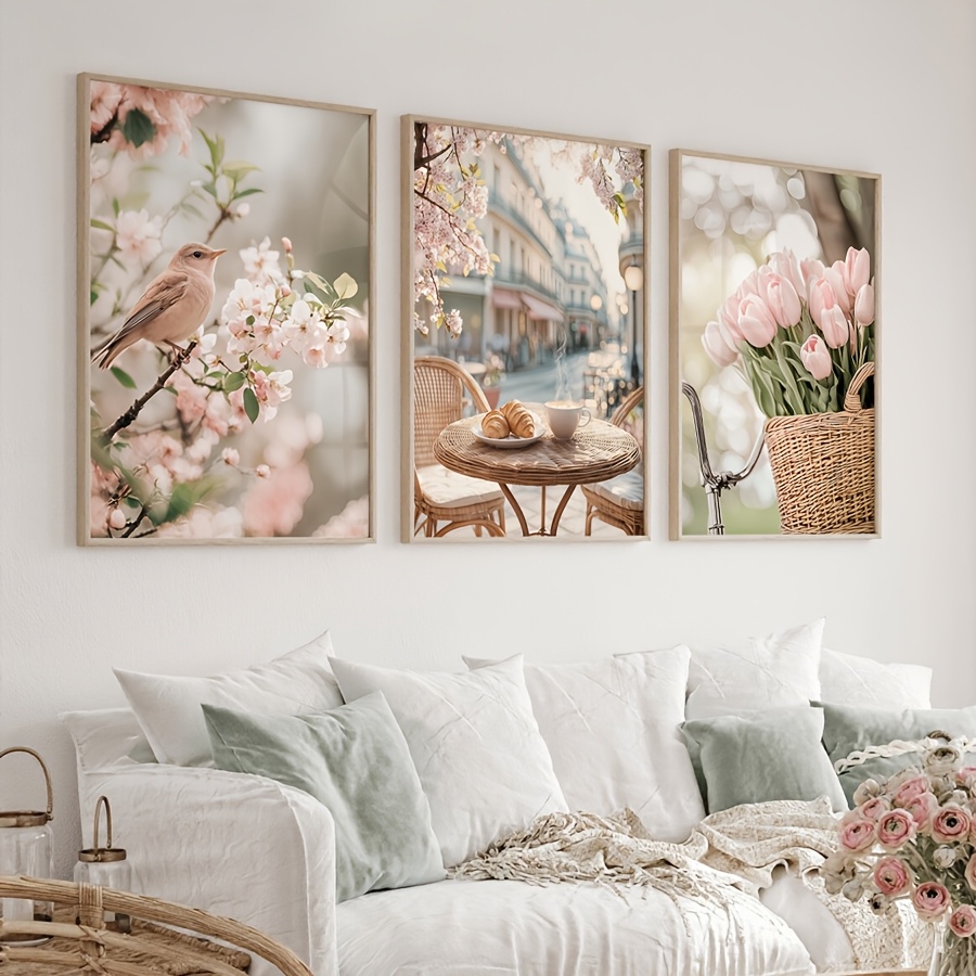 Abstract Canvas Set - 3 ชิ้น/ชุด ภาพพิมพ์บนผ้าใบลายถนนปารีสแสนโรแมนติก ดอกไม้ นก ดอกทิวลิป