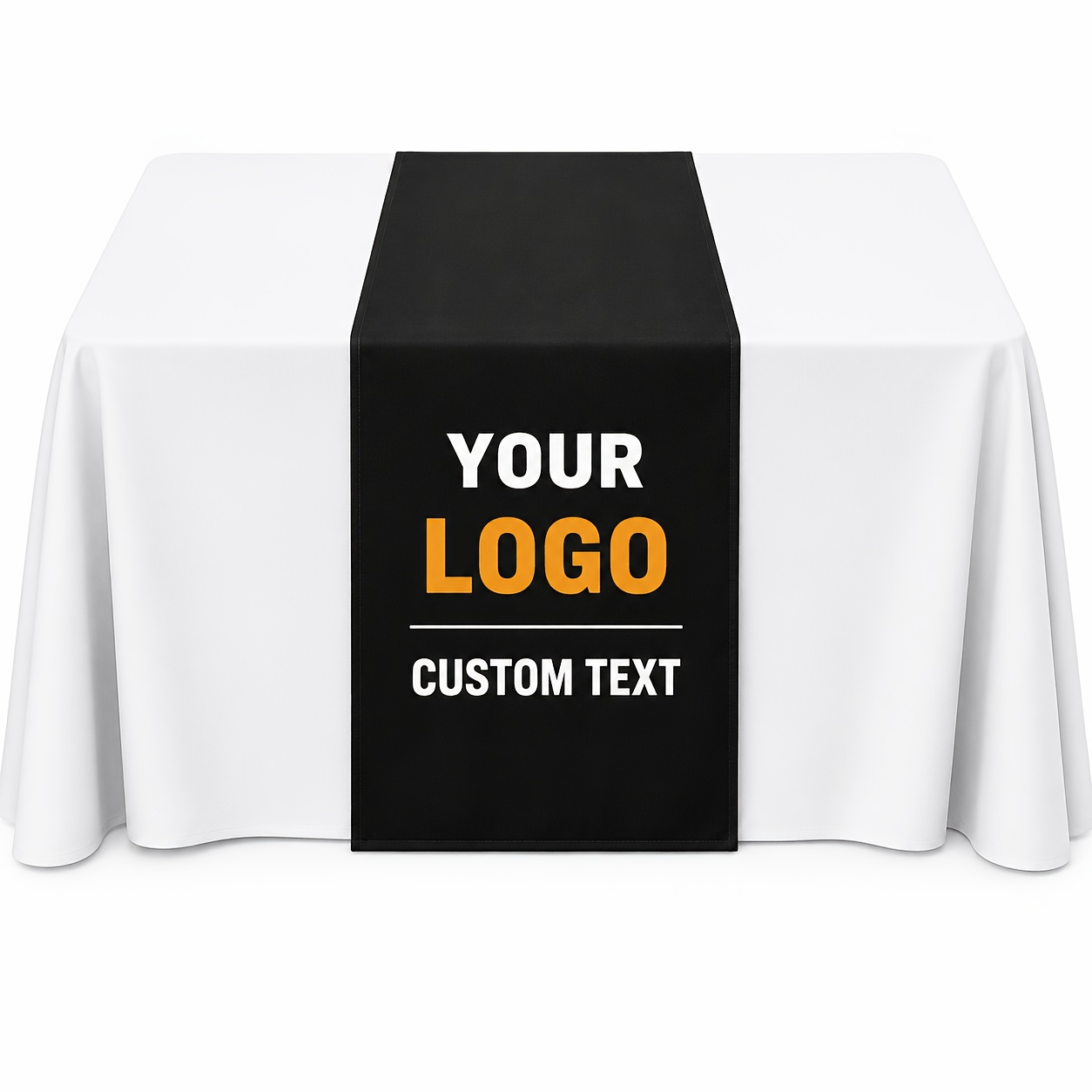 Table Runner - ผ้าปูโต๊ะโพลีเอสเตอร์สั่งทำพิเศษ 1 ชิ้น, ผ้าปูโต๊ะสำหรับบูธผู้ขายที่ออกแบบตามความต้องการ เพื่อใช้แสดงโลโก้ธุรกิจ, ผ้าปูโต๊ะที่สามารถซักด้วยเครื่องได้