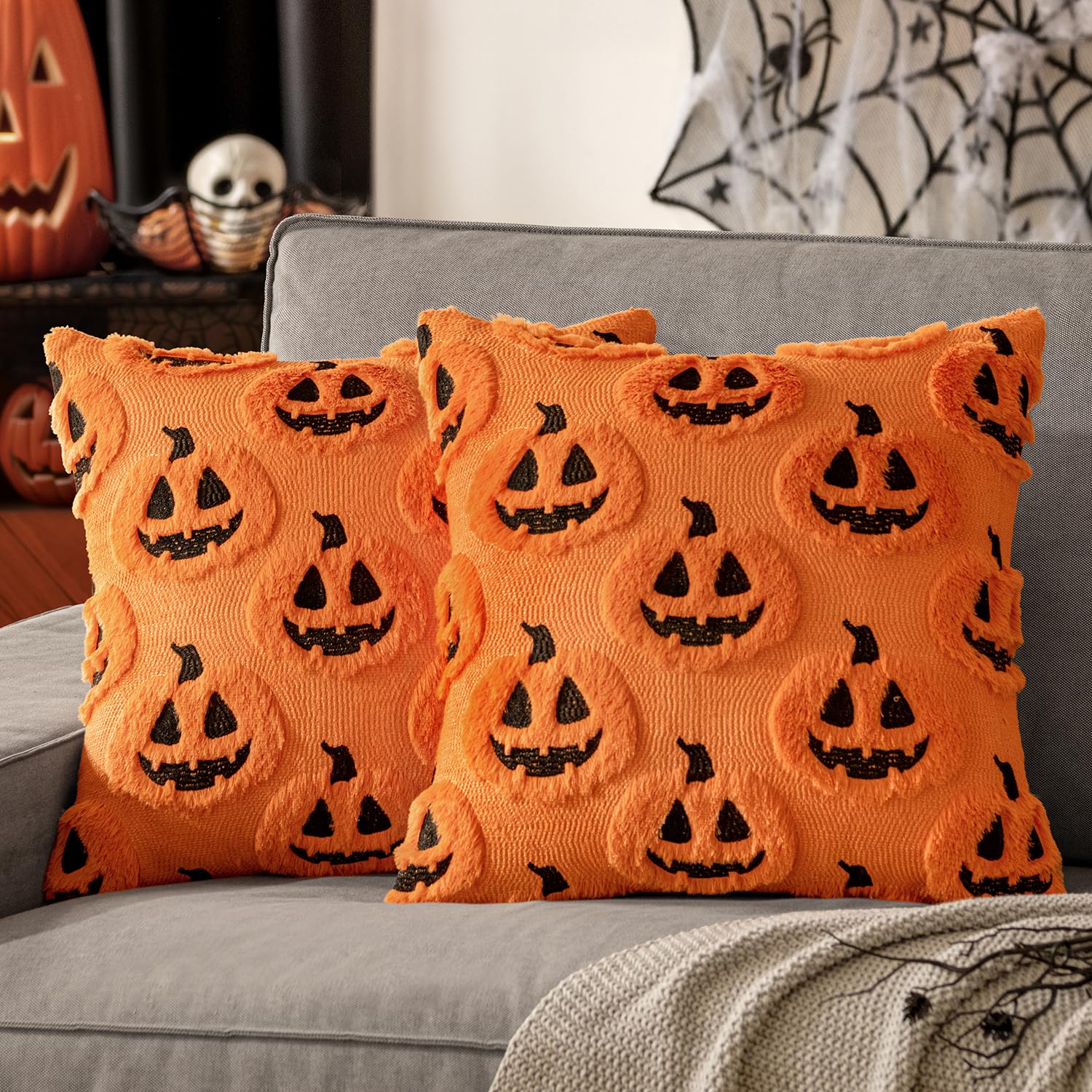 Throw Pillow - ฤดูใบไม้ร่วงฮาโลวีนปลอกหมอนอิงตกแต่งลายฟักทองปลอกหมอนอิงขนแกะเทียมนุ่มสำหรับโซฟาบ้าน