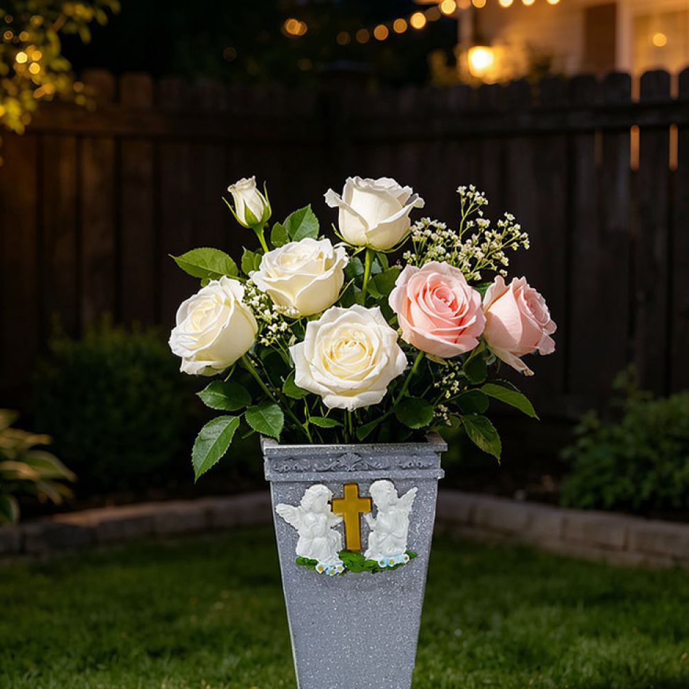 Vase Decor - แจกันรูปไม้กางเขนและนางฟ้าพลังงานแสงอาทิตย์ ทำจากเรซิน สำหรับตกแต่งสุสาน สวน ลานบ้าน หรือพื้นที่กลางแจ้ง