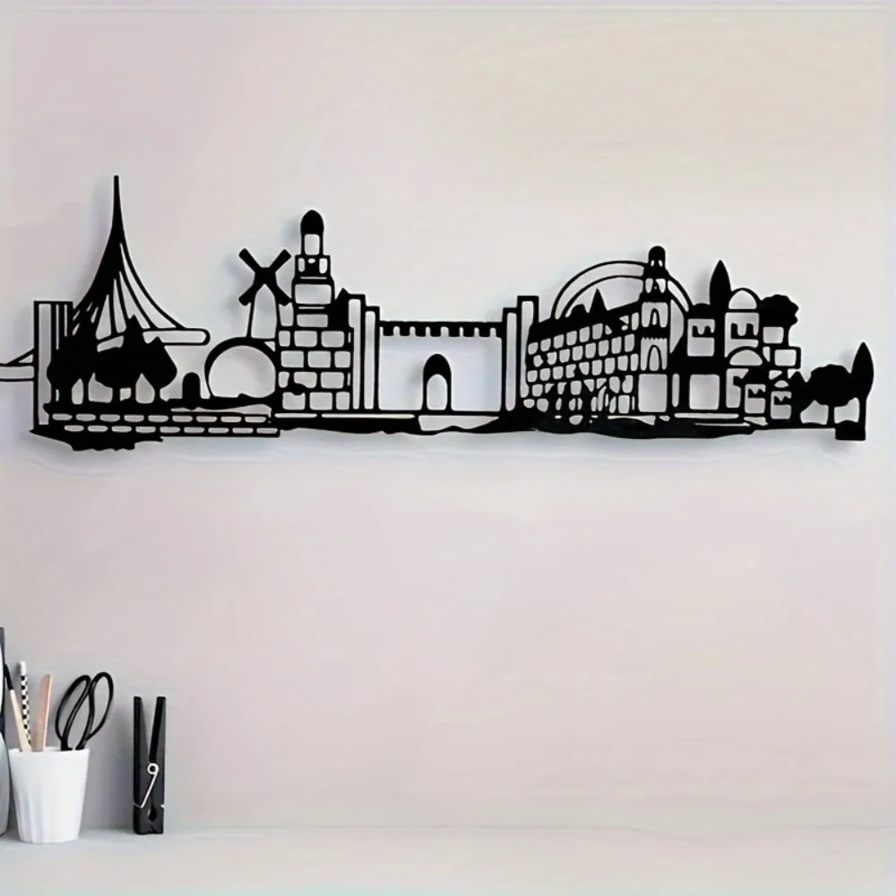 Wall Art - CIFBUY งานศิลปะติดผนังเหล็ก ลายเส้นขอบฟ้าเยรูซาเล็ม ซิลลูเอทเมืองเก่า ดาวเดวิด ประติมากรรมโลหะ