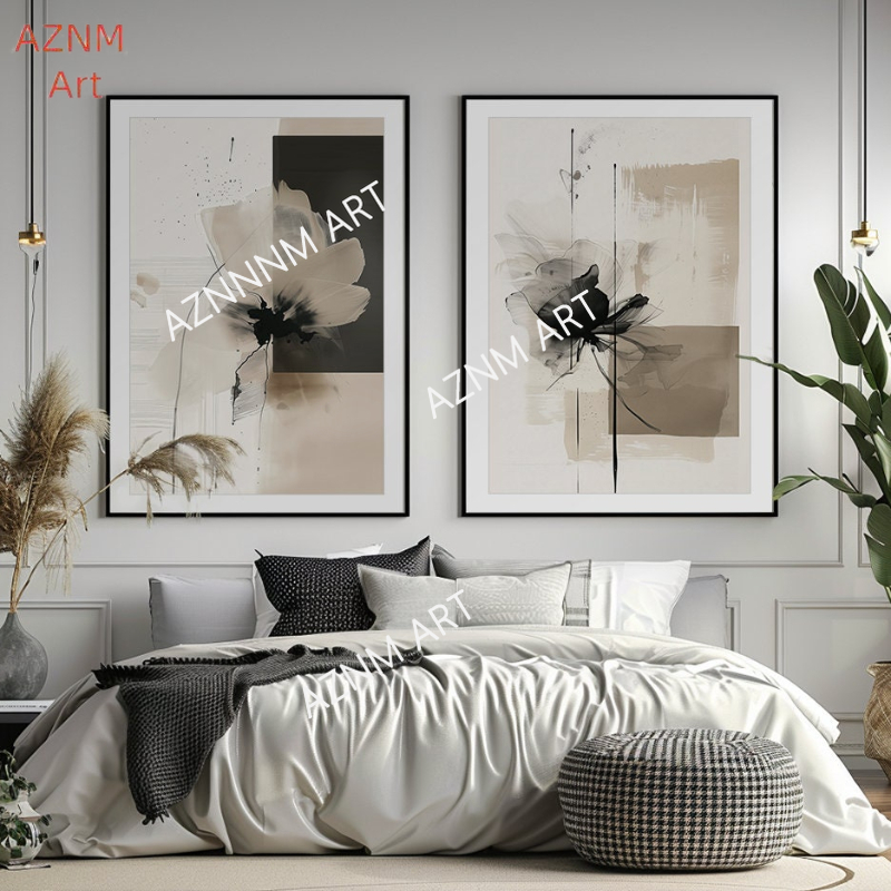 Abstract Canvas Set - ชุดภาพพิมพ์ลายดอกไม้สไตล์มินิมอล 1/2 ชิ้น: ภาพพิมพ์ลายพฤกษศาสตร์สีเบจและสีดำสำหรับตกแต่งผนัง