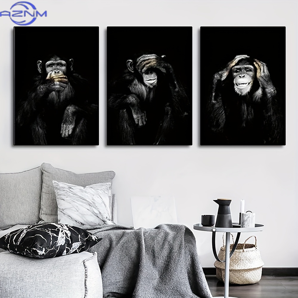 Abstract Canvas Set - 3 ชิ้น/เซ็ตขนาดใหญ่ไม่มีกรอบโปสเตอร์พิมพ์ลายขาวดำสไตล์เรโทร, ลิงตลกภาพวาดบนผ้าใบ, ศิลปะบนผ้าใบกันน้ำ, ศิลปะ