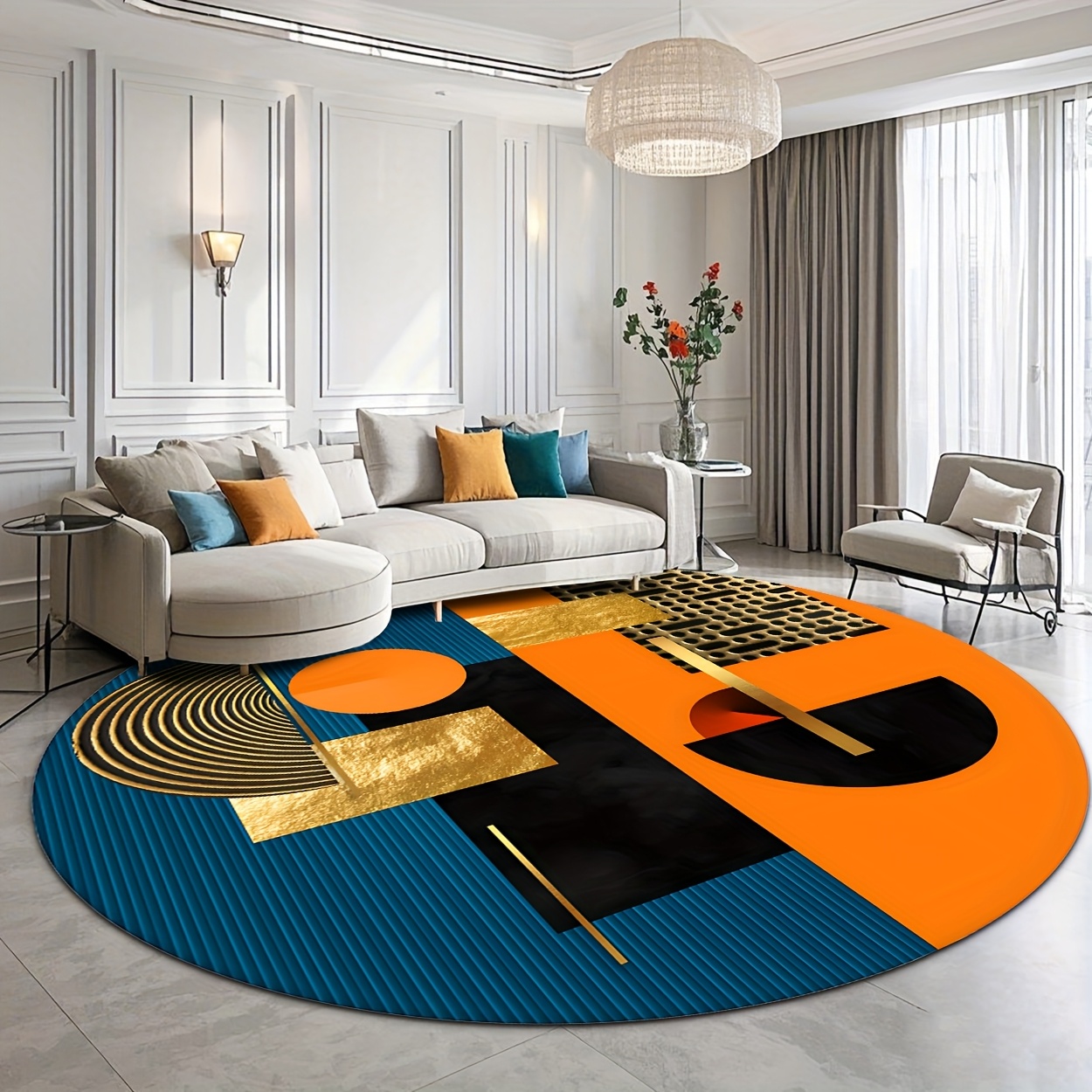 พรมกลมลายเรขาคณิตสีส้ม น้ำเงิน - Interior Design High End บทวิจารณ์และราคา
