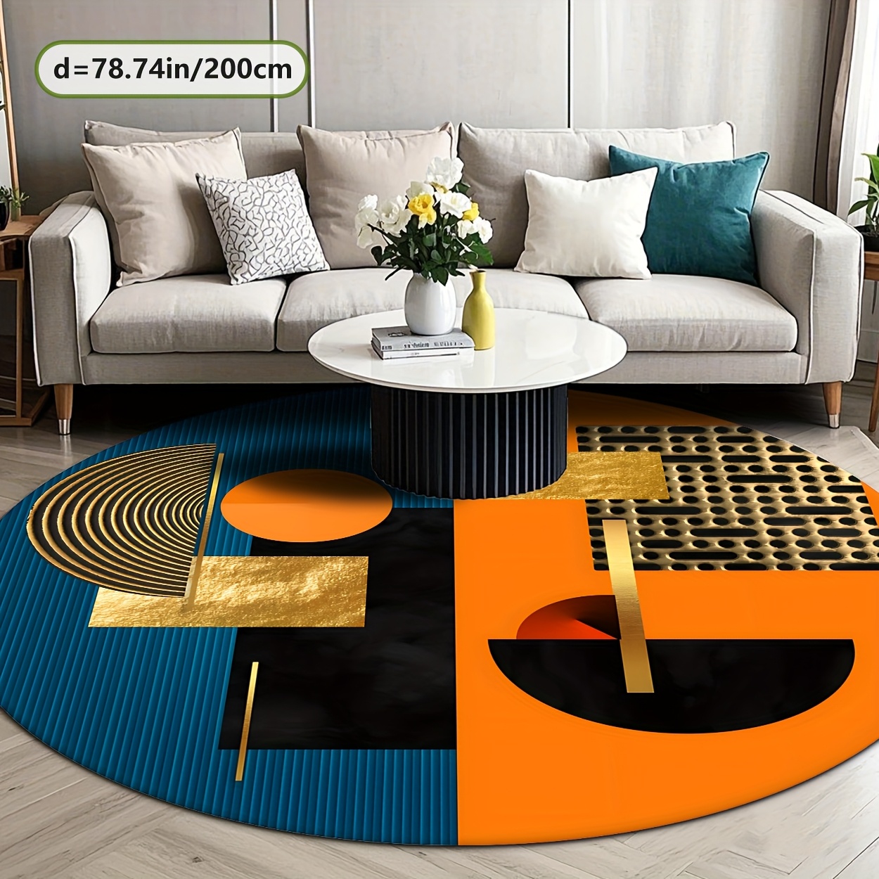 พรมกลมลายเรขาคณิตสีส้ม น้ำเงิน - Interior Design High End บทวิจารณ์และราคา
